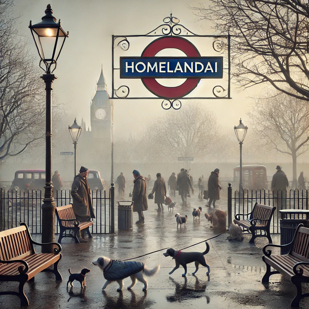 Foggy London dog park scene with Big Ben in the background and people walking dogs