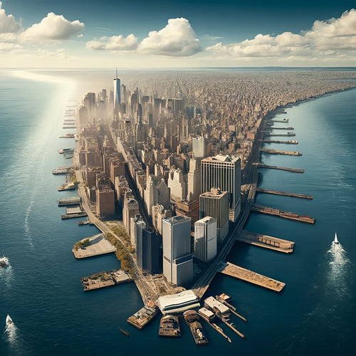 A digital artwork depicting an aerial view of Lower Manhattan, including the Hudson and East Rivers, and prominent buildings such as One World Trade Center.