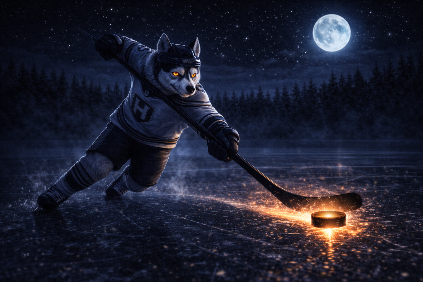 Wolf-like hockey player skating aggressively toward a glowing puck under a full moon on an outdoor rink.
