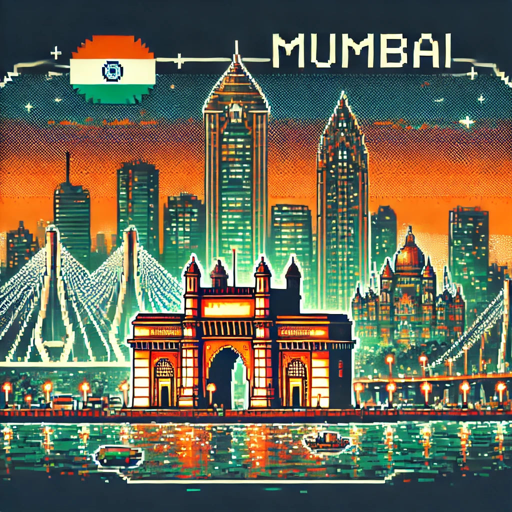 8-bit Mumbai skyline with the Gateway of India and illuminated skyscrapers reflected in the Arabian Sea under an orange sky.
