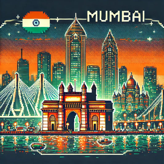 8-bit Mumbai skyline with the Gateway of India and illuminated skyscrapers reflected in the Arabian Sea under an orange sky.