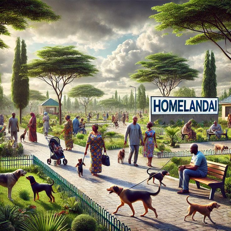 Vibrant Nigerian dog park scene with families walking dogs, lush greenery, and a HomelandAI sign in the background.
