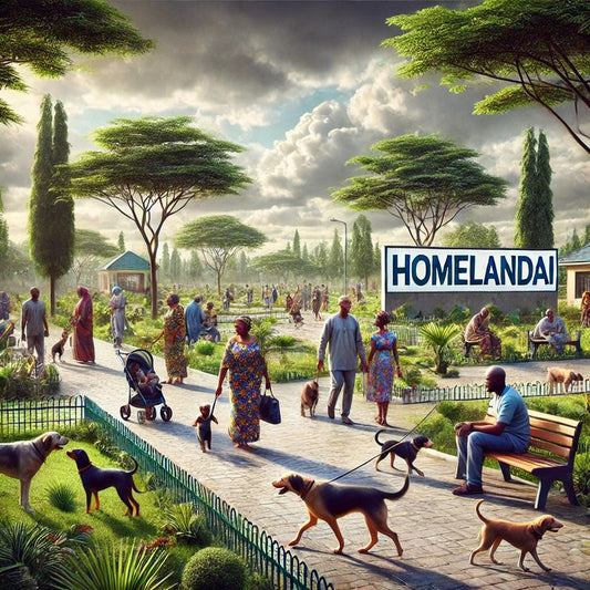 Vibrant Nigerian dog park scene with families walking dogs, lush greenery, and a HomelandAI sign in the background.