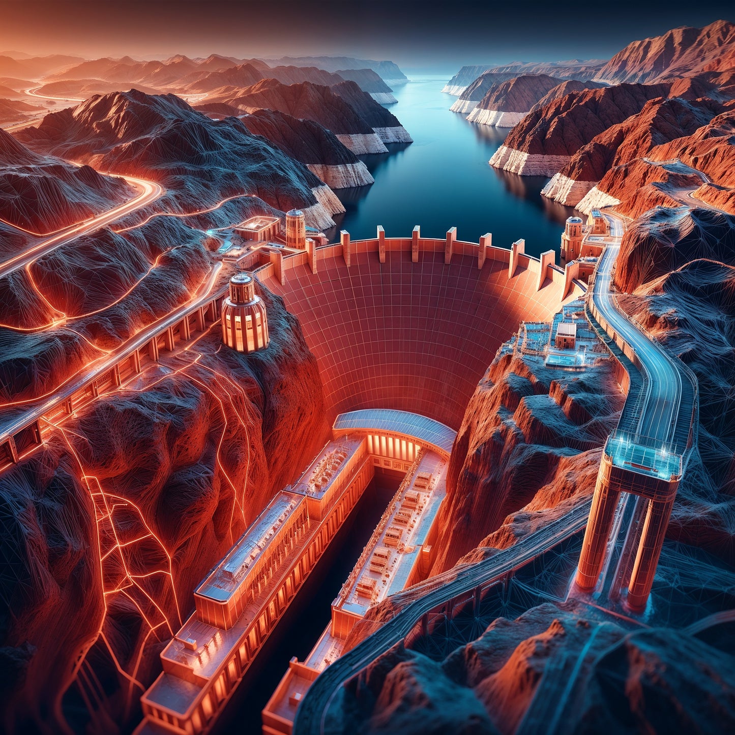 A digital artwork depicting an aerial view of the Hoover Dam and Lake Mead with a retrofuturistic cyberpunk aesthetic, featuring warm orange-red and cool cyan blue hues, glowing neon-like elements, and futuristic infrastructure.