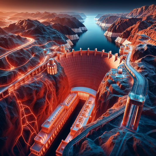 A digital artwork depicting an aerial view of the Hoover Dam and Lake Mead with a retrofuturistic cyberpunk aesthetic, featuring warm orange-red and cool cyan blue hues, glowing neon-like elements, and futuristic infrastructure.