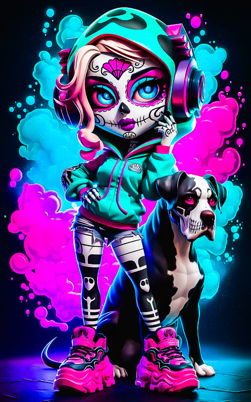 A digital artwork featuring a character with neon sugar skull makeup and pink accents, standing next to a skeletal-patterned Great Dane. The background has electric blue and magenta smoke.