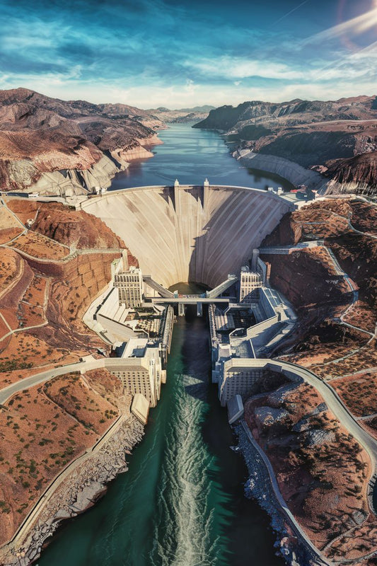 Ultra-definition aerial view of Hoover Dam, surrounding desert canyon landscape, and the Colorado River flowing through the structure