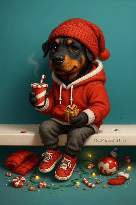 A cute Rottweiler pup wearing a red winter beanie and hoodie sits on a shelf holding hot cocoa and a small wrapped gift, surrounded by candy canes, ornaments, and Christmas lights. Cozy holiday colors and soft textures create a warm, festive vibe.