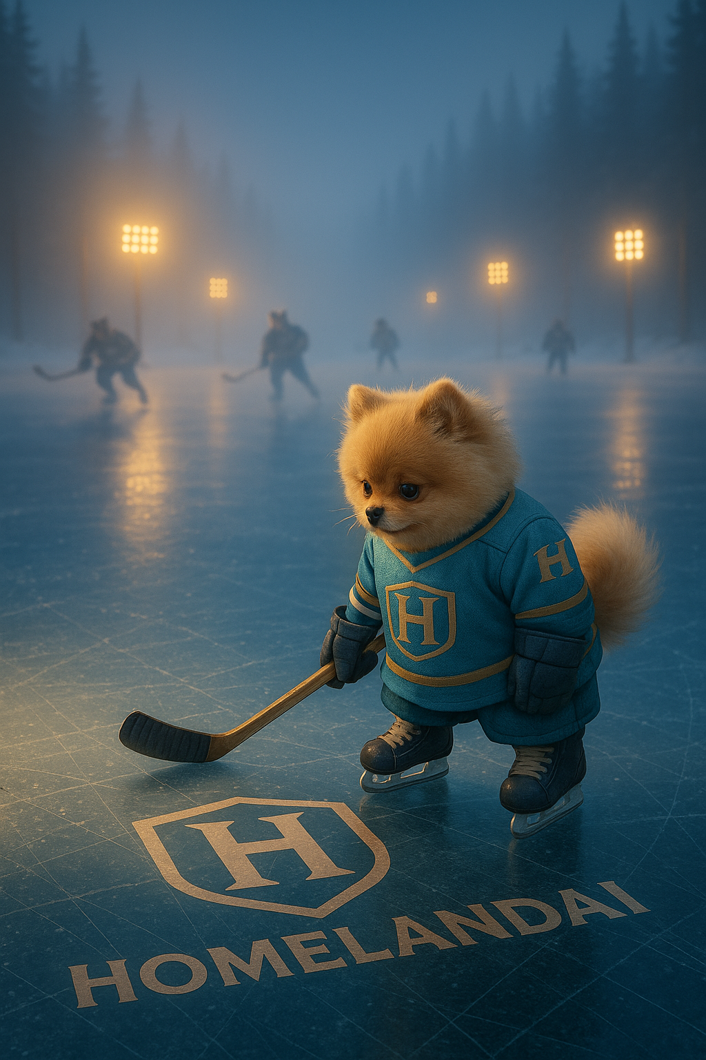 A small fluffy dog in a HomelandAI hockey jersey standing focused on the ice while players skate in the background.
