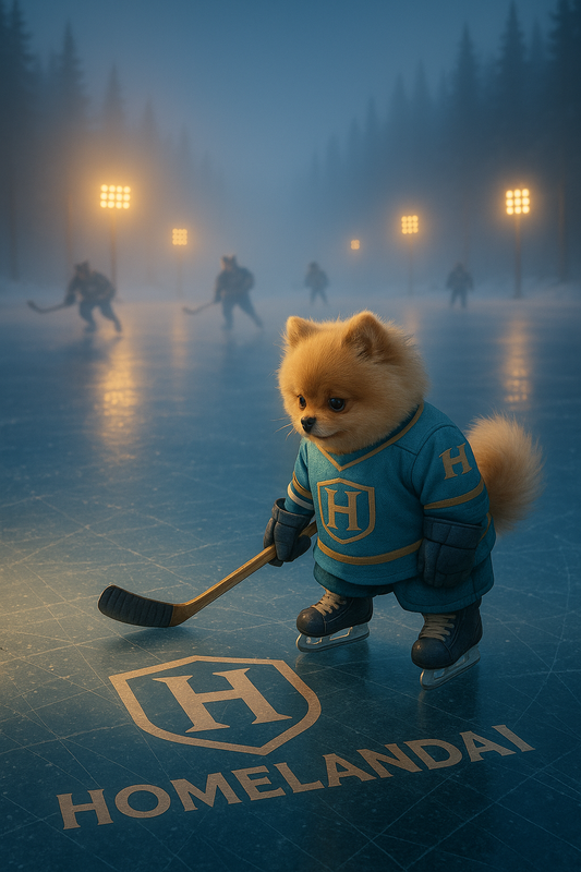A small fluffy dog in a HomelandAI hockey jersey standing focused on the ice while players skate in the background.