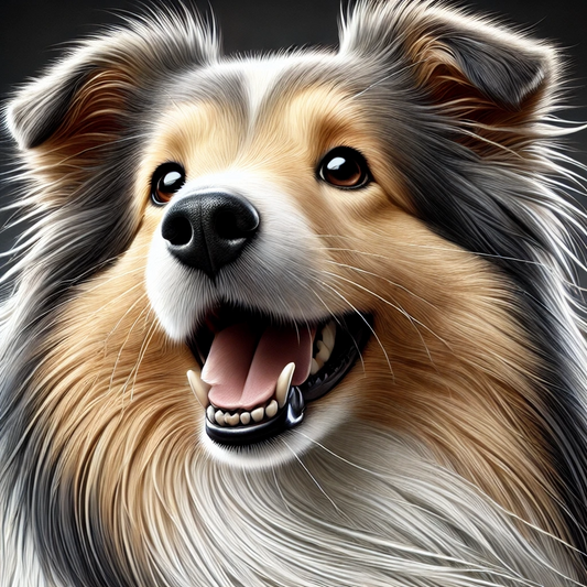 Ultra-detailed portrait of a smiling Shetland Sheepdog with fluffy tri-colored fur and bright expressive eyes against a dark background.