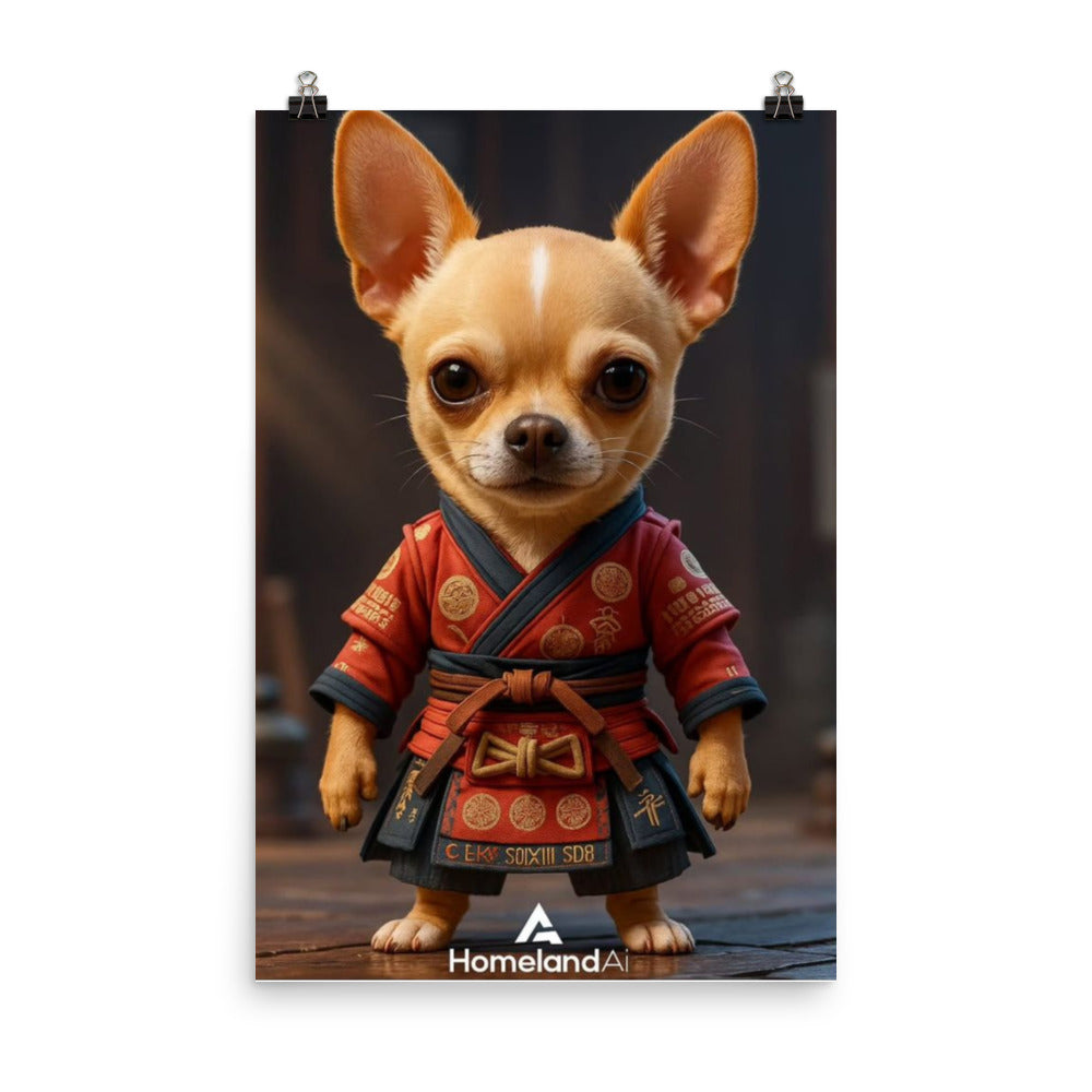 HomelandAI wall art featuring a Chihuahua dressed as a samurai warrior in traditional red armor, standing confidently in a cinematic studio setting