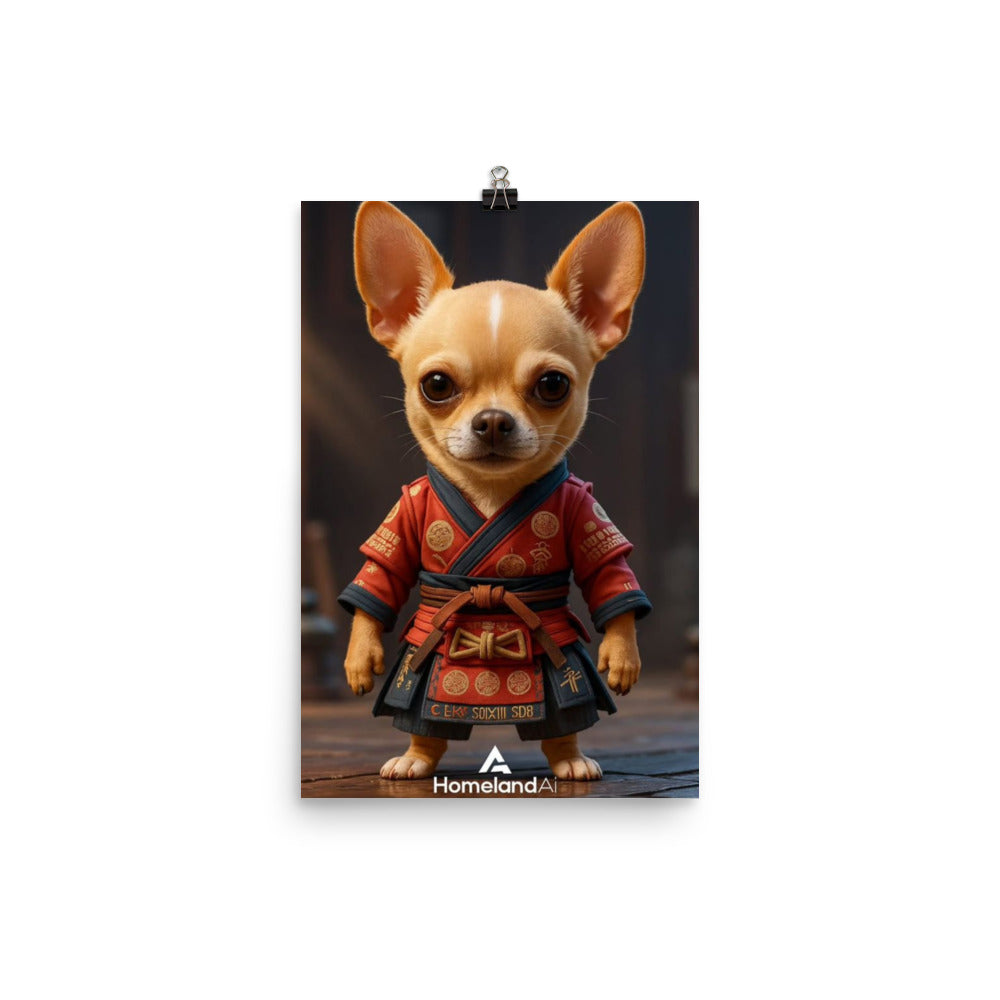 HomelandAI wall art featuring a Chihuahua dressed as a samurai warrior in traditional red armor, standing confidently in a cinematic studio setting