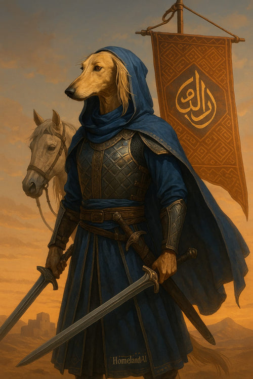 Dog-like creature in armor with a sword, standing next to a horse, with a banner in the background