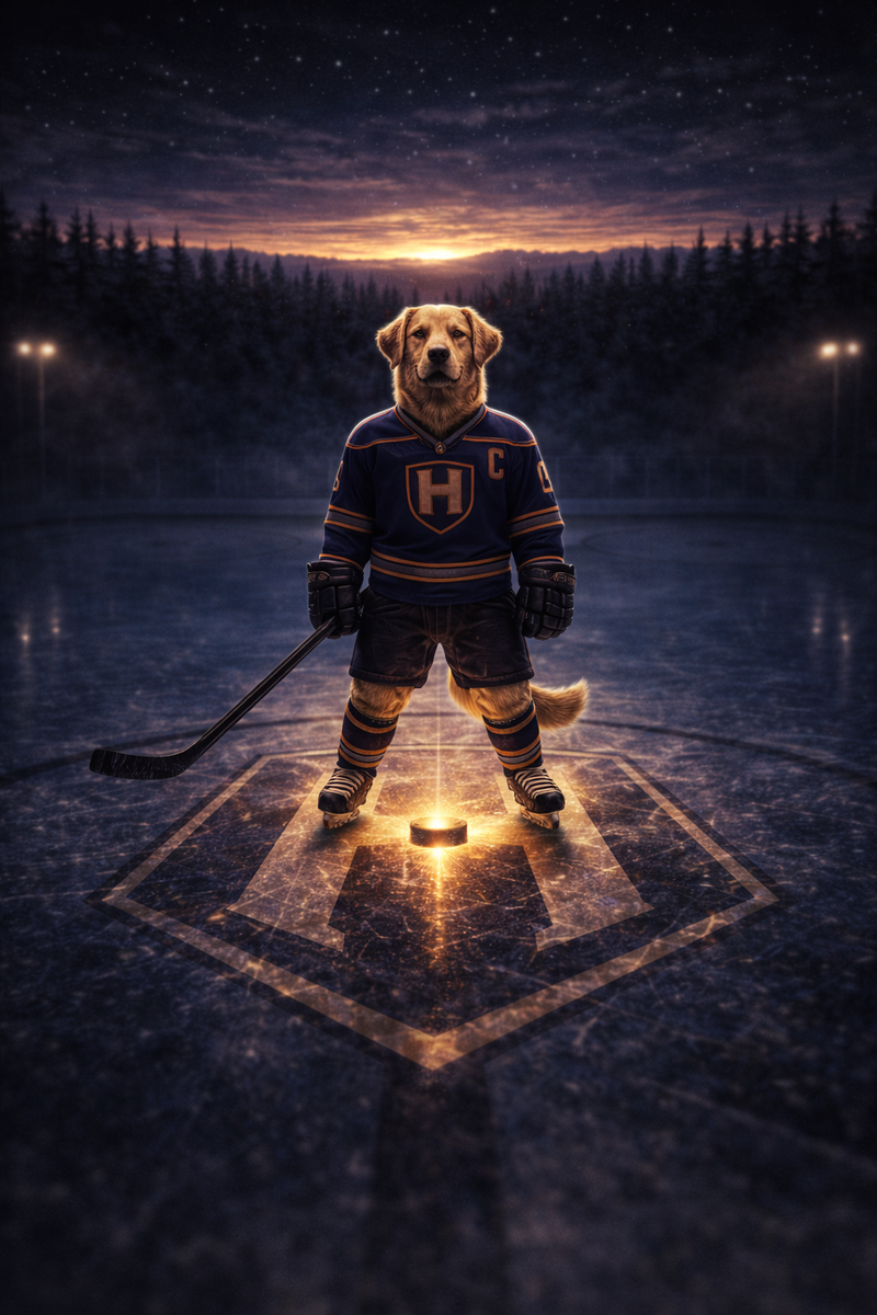Golden retriever hockey captain standing at center ice with glowing puck at night on an outdoor rink.