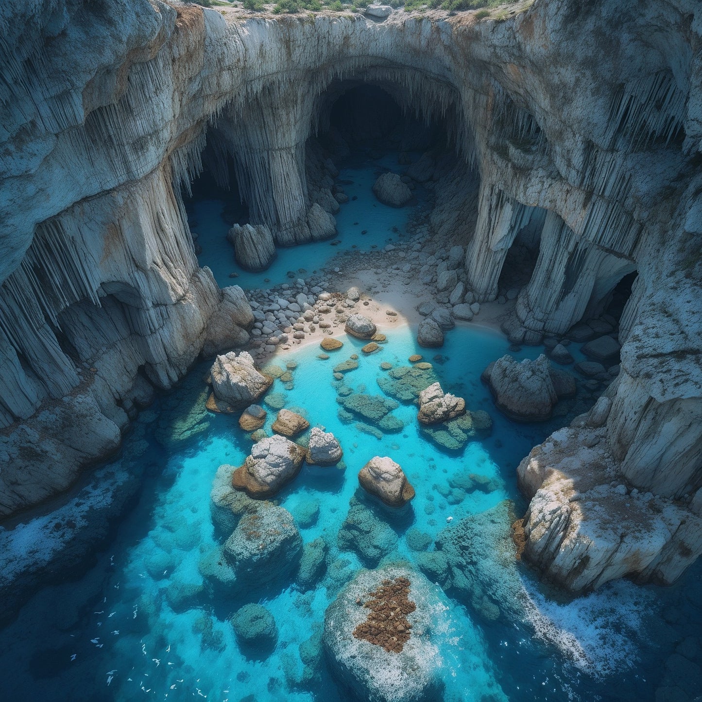 A digital artwork depicting turquoise waters and rugged limestone cliffs with sunlit grottoes, resembling the Blue Caves in Greece.