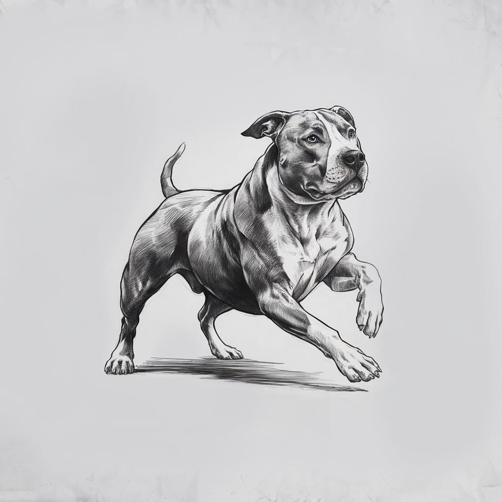 A digital sketch of a Pitbull in a dynamic running pose with a minimalist background.
