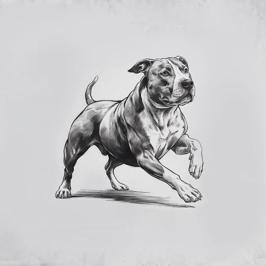 A digital sketch of a Pitbull in a dynamic running pose with a minimalist background.
