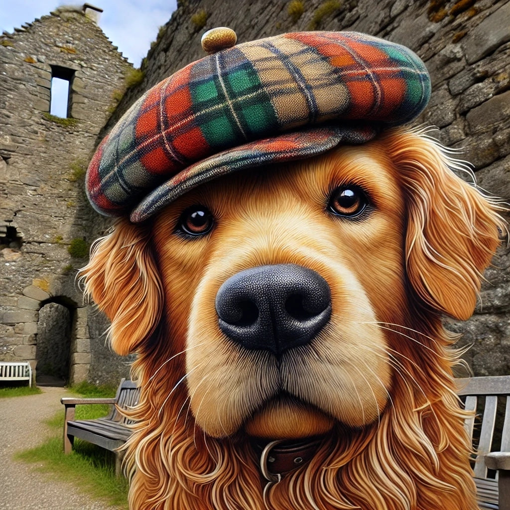 Ultra-detailed portrait of a Golden Retriever wearing a colorful Scottish tartan cap in front of old stone ruins and benches.