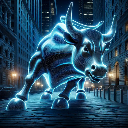 A digital artwork of a glowing blue bull statue on Wall Street, depicted in a neon light style against the backdrop of a city street and buildings.