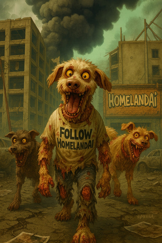Three zombie dogs run through a destroyed city wearing torn shirts reading “FOLLOW HOMELANDAI,” surrounded by smoke and ruined buildings.