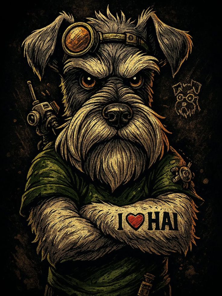 A detailed illustration of a steampunk Schnauzer dog wearing goggles and gear, arms crossed with “I ❤️ HAI” tattooed on its forearm.