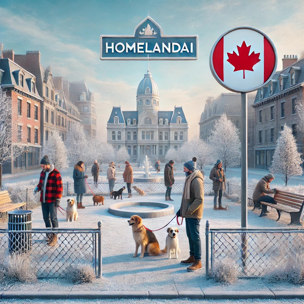 A digital illustration of a winter dog park in Montreal with frosted trees, people walking their dogs, and a sign reading 'HomelandAI' with a Canadian maple leaf.
