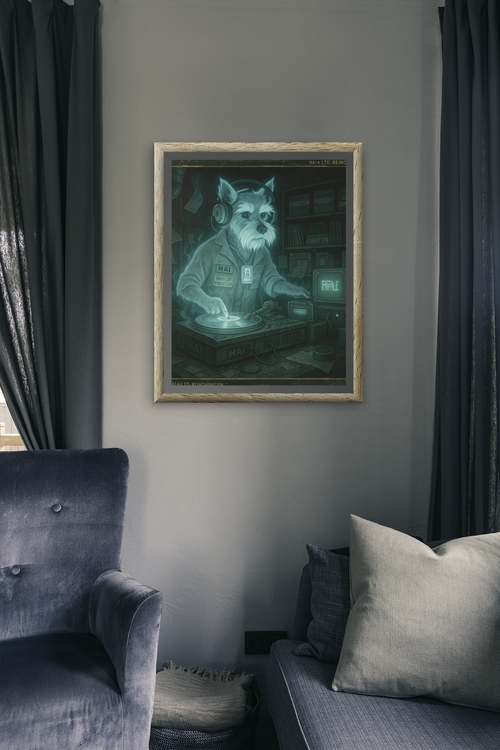 Framed artwork of a cat at a computer on a gray wall above a sofa.