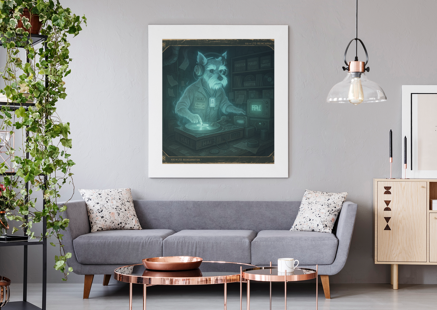 Living room with a gray sofa, coffee table, and framed artwork of a dog on the wall.