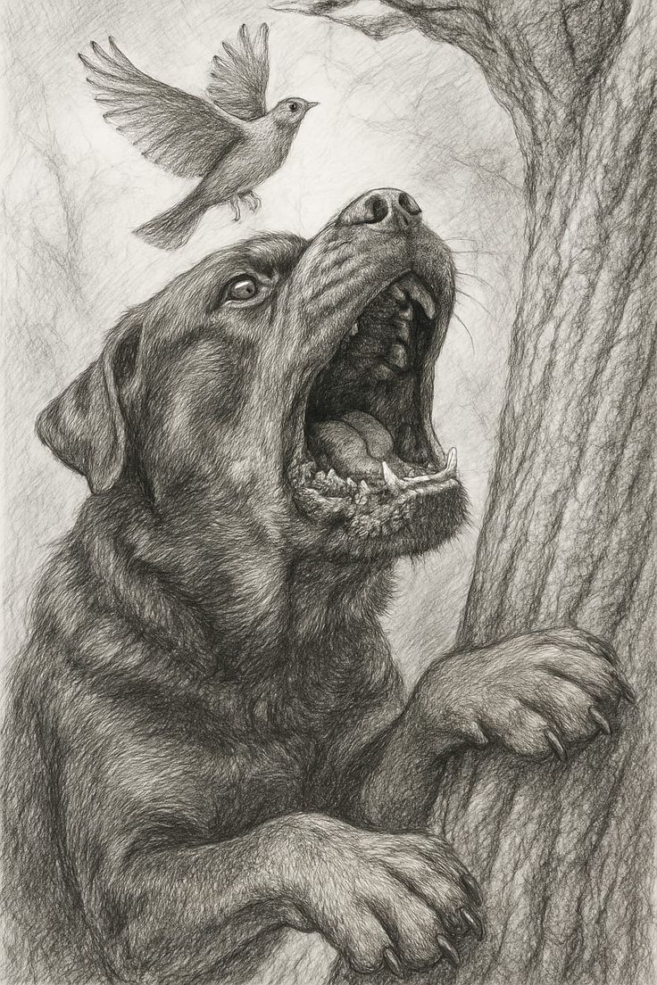 A detailed pencil drawing of a dog barking up a tree while a bird flies away above it, symbolizing energy and motion