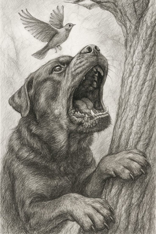 A detailed pencil drawing of a dog barking up a tree while a bird flies away above it, symbolizing energy and motion