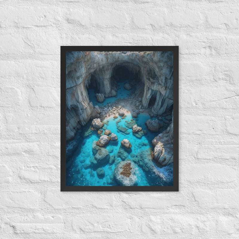 A framed poster featuring an aerial photograph of the Blue Caves in Greece, with shimmering turquoise waters and rugged limestone cliffs.