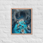 A framed poster featuring an aerial photograph of the Blue Caves in Greece, with shimmering turquoise waters and rugged limestone cliffs.