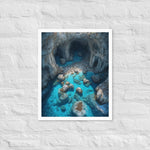 A framed poster featuring an aerial photograph of the Blue Caves in Greece, with shimmering turquoise waters and rugged limestone cliffs.