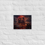 A dystopian industrial wasteland featuring a giant glowing cassette monolith surrounded by ruined factories and smoke, two dogs watching beneath a red moon marked with the HAI symbol.