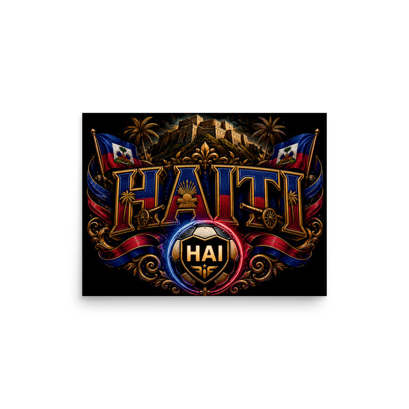 A dramatic Haiti-themed football crest with large gold HAITI lettering, Haitian flags, Citadelle Laferrière, palm trees, cannon details, and a glowing HAI soccer ball on a black background.