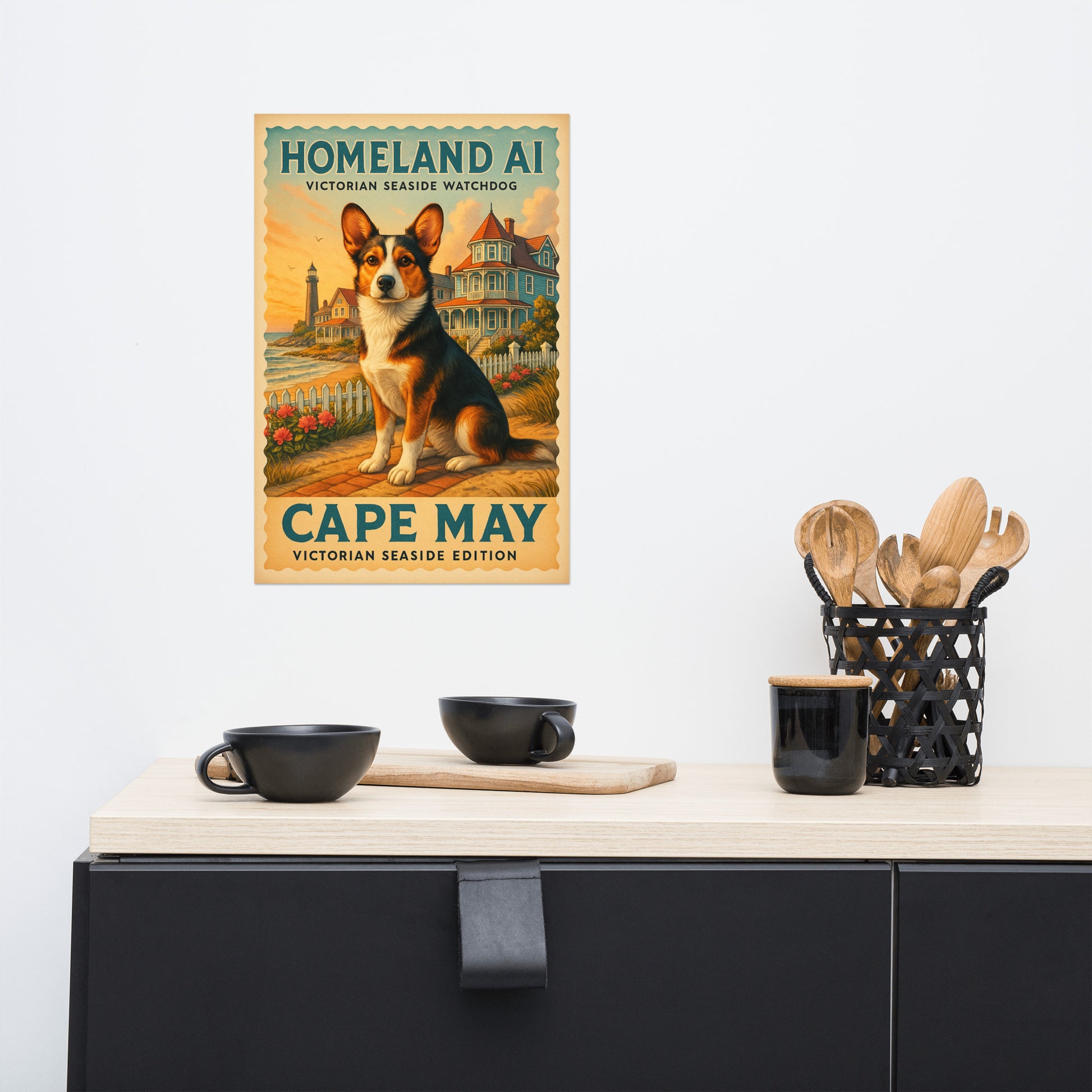 Poster of a dog with 'Cape May' text on a wall above a kitchen counter with utensils.
