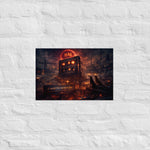 A dystopian industrial wasteland featuring a giant glowing cassette monolith surrounded by ruined factories and smoke, two dogs watching beneath a red moon marked with the HAI symbol.