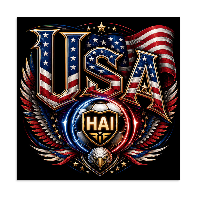 A dramatic USA-themed football crest with large 3D USA lettering filled with stars and stripes, eagle wings, American flag colors, and a glowing HAI soccer ball on a black background.