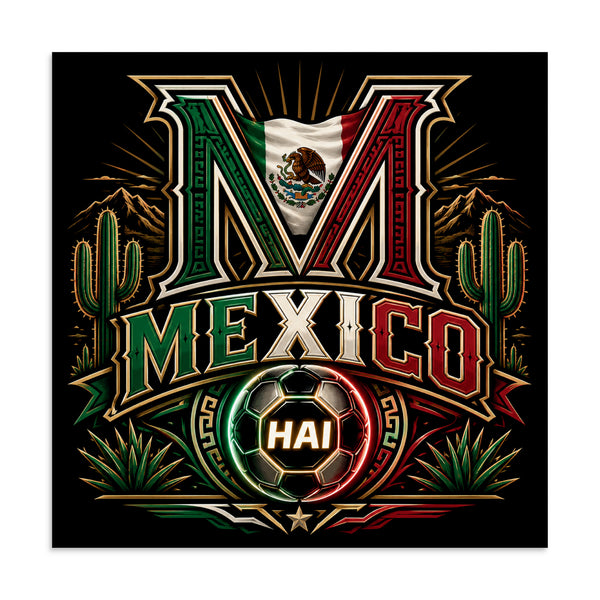 A Mexico football crest with bold MEXICO lettering, cactus silhouettes, desert mountains, sunburst rays, green-white-red accents, and a glowing HAI soccer ball.