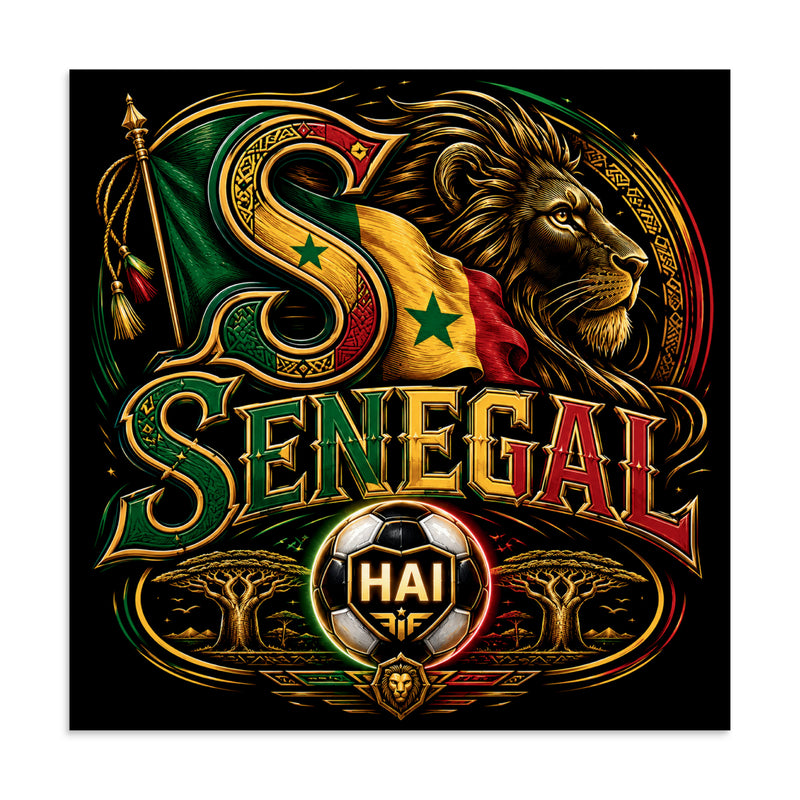 A dramatic Senegal football crest with large gold SENEGAL lettering, lion imagery, green-yellow-red flag colors, African decorative patterns, and a glowing HAI soccer ball on a black background.
