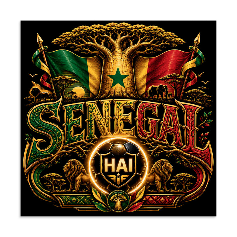 A Senegal-themed football crest with bold 3D SENEGAL lettering, baobab tree branches, green-yellow-red flag accents, savanna details, ornate gold trim, and a glowing HAI soccer ball.