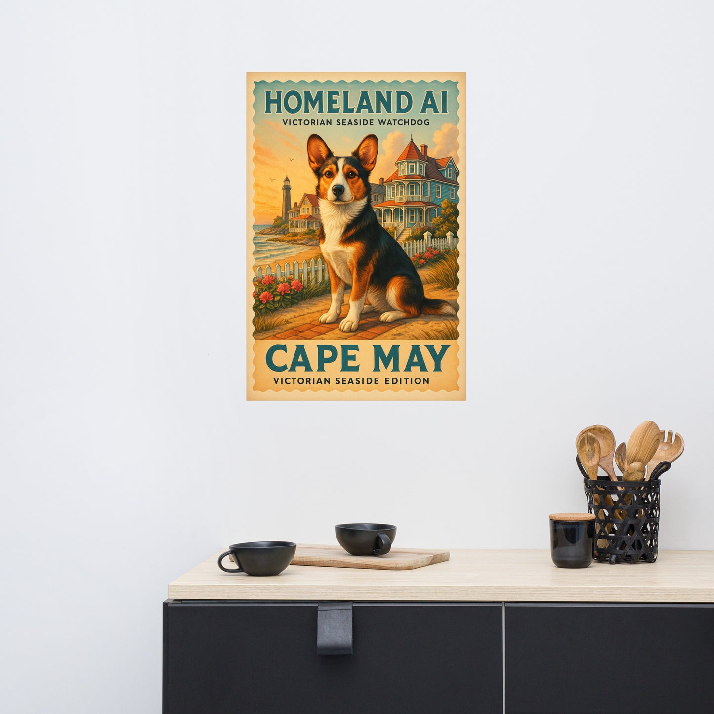 Poster of a dog with 'Homeland AI' and 'Cape May' text on a wall above a kitchen counter.