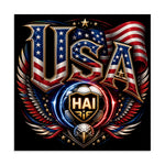 A dramatic USA-themed football crest with large 3D USA lettering filled with stars and stripes, eagle wings, American flag colors, and a glowing HAI soccer ball on a black background.