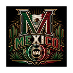 A Mexico football crest with bold MEXICO lettering, cactus silhouettes, desert mountains, sunburst rays, green-white-red accents, and a glowing HAI soccer ball.