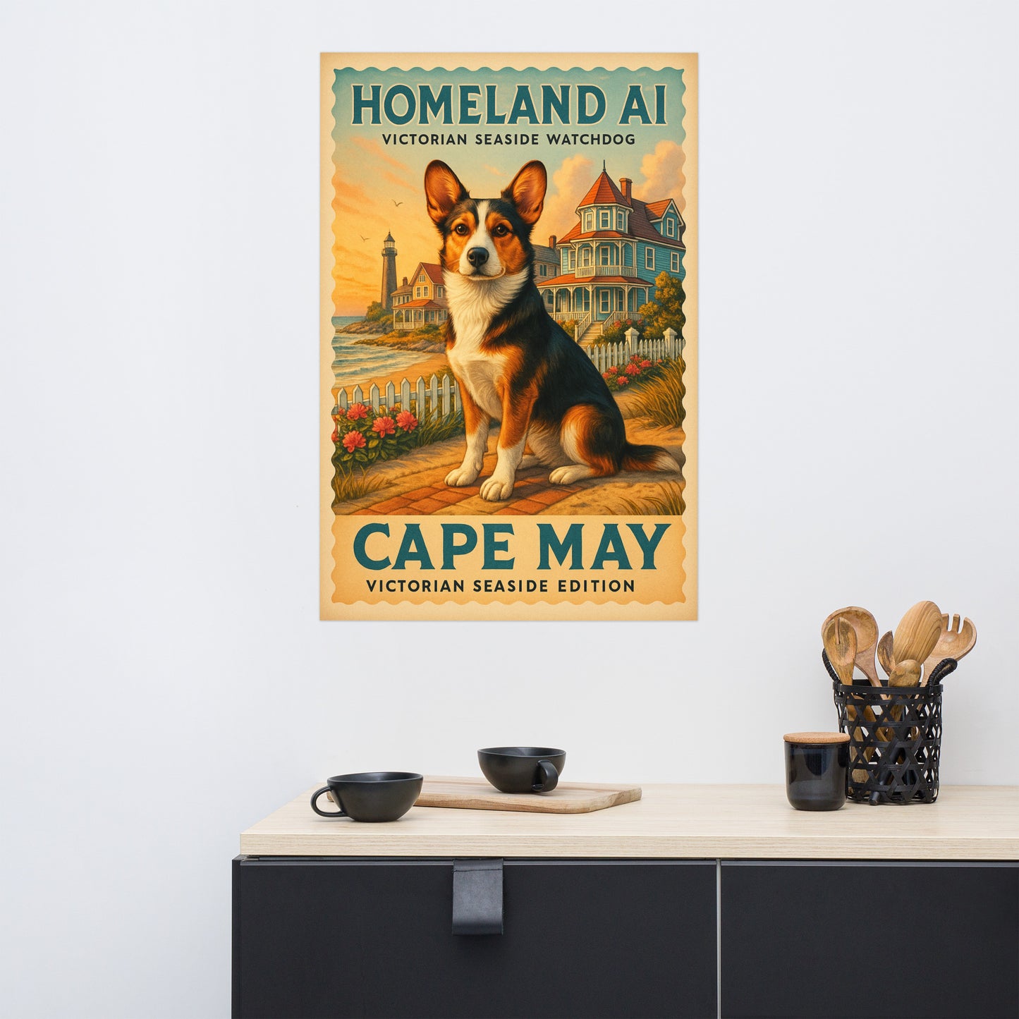 Poster of a dog with 'Homeland AI' and 'Cape May' text on a wall above a kitchen counter.