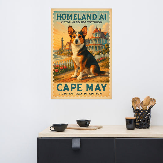 Poster of a dog with 'Homeland AI' and 'Cape May' text on a wall above a kitchen counter.