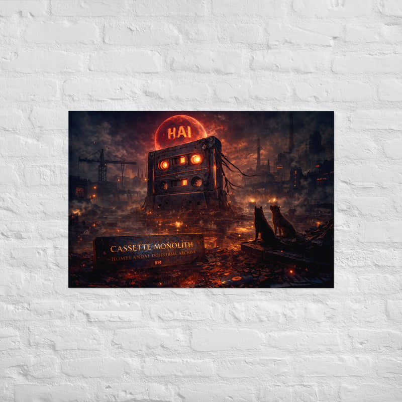 A dystopian industrial wasteland featuring a giant glowing cassette monolith surrounded by ruined factories and smoke, two dogs watching beneath a red moon marked with the HAI symbol.