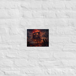 A dystopian industrial wasteland featuring a giant glowing cassette monolith surrounded by ruined factories and smoke, two dogs watching beneath a red moon marked with the HAI symbol.