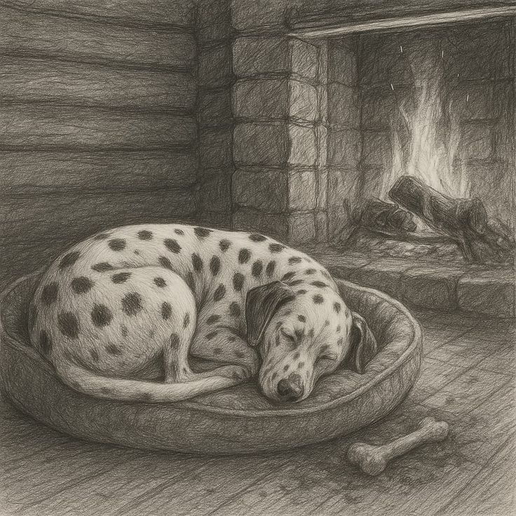 A pencil drawing of a Dalmatian sleeping in a round bed beside a fireplace with a bone nearby.